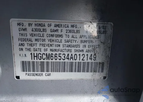 2004 Honda Accord 3.0 Ex из США, поврежденный, VIN 1HGCM66534A012149